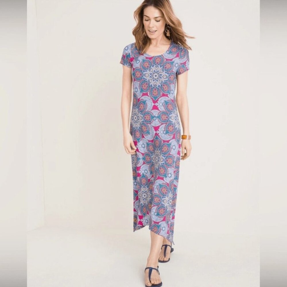 Chico's Medallion Cluster Print Midi Dress Sz 16/18 Multicolor Tie Back Stretch - Picture 1 of 11